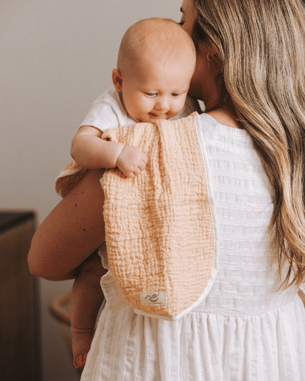 Little Fishies Gauze Burping Cloth Bundle - 3 Pack - Seafoam / Peach Fuzz / Natural - Image 4