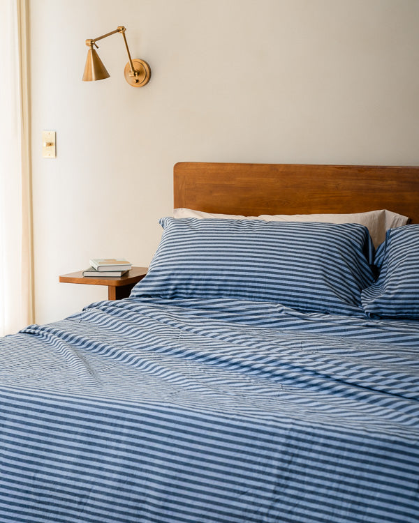 Classic Micro Twill Stripe Melange Flat Top Sheet Indigo - Image 8