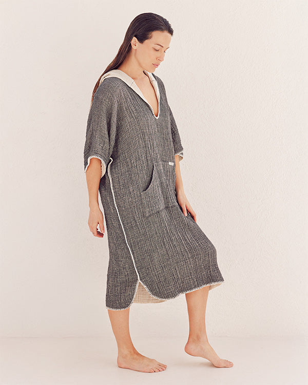 Falta Gauze Hooded Poncho - Black - Image 6