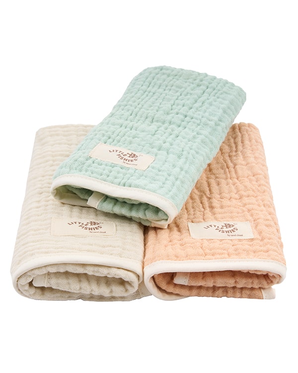 Little Fishies Gauze Burping Cloth Bundle - 3 Pack - Seafoam / Peach Fuzz / Natural - Image 8